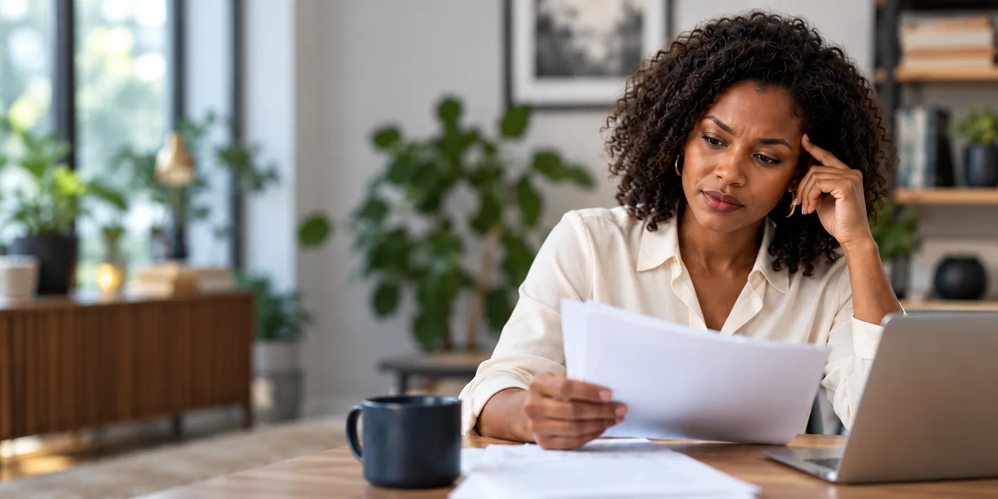 A woman at her desk, worried, reading legal papers.