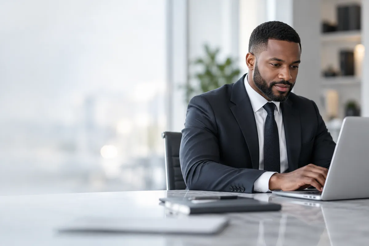 An attorney working at a laptop in a bright office.