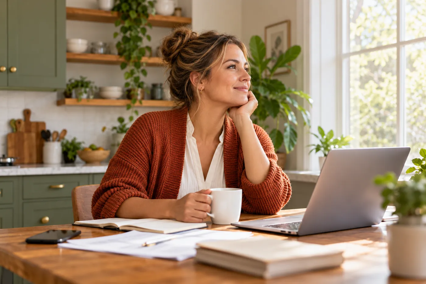 A woman at her kitchen table with a laptop and notes, looking thoughtfully out of the window.