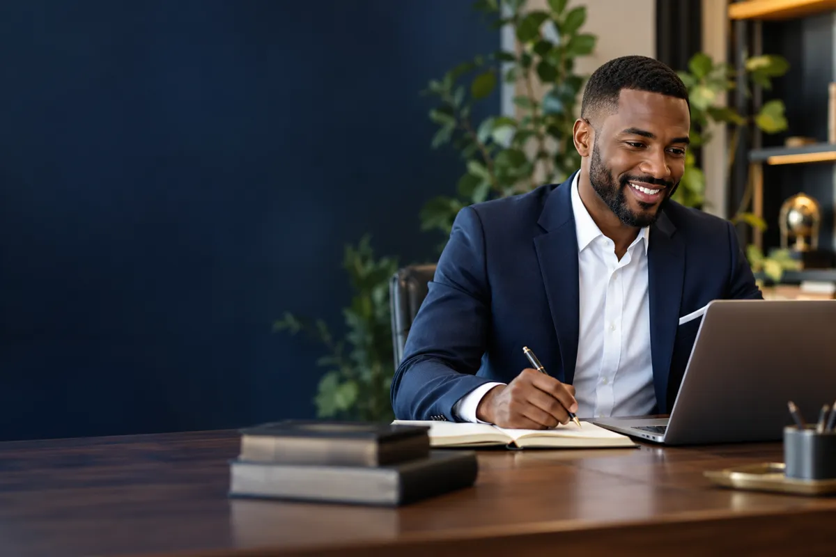 A smiling attorney taking notes at his desk.