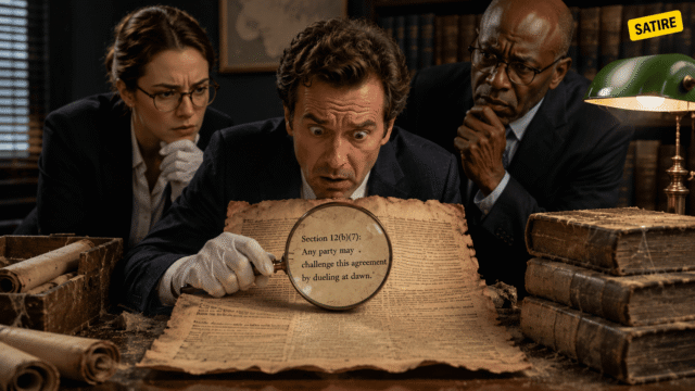 Business men peering over contract with magnifying glass